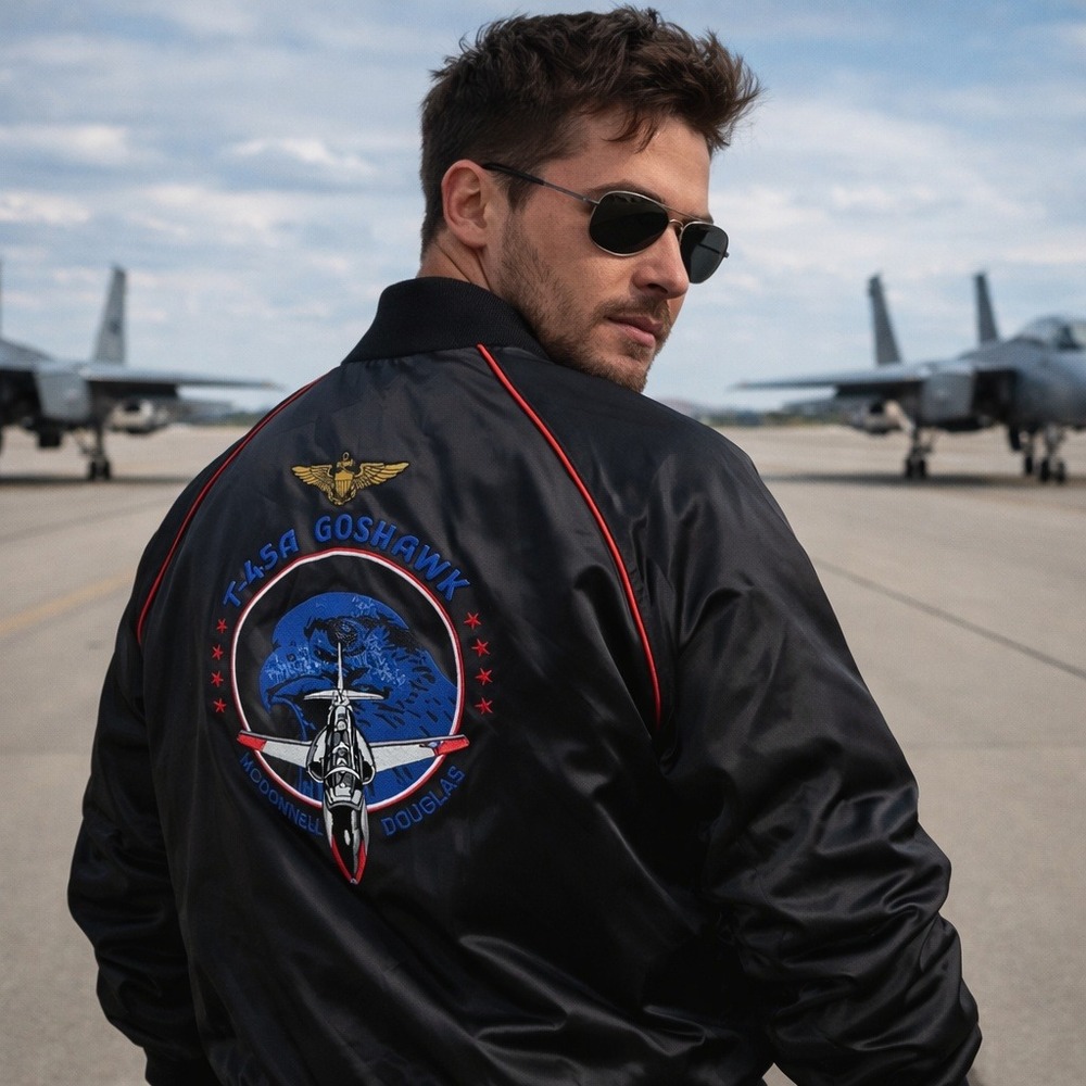 Vintage McDonnell Douglas T-45A Goshawk‎ Satin Bomber Jacket Black Mens XL USA